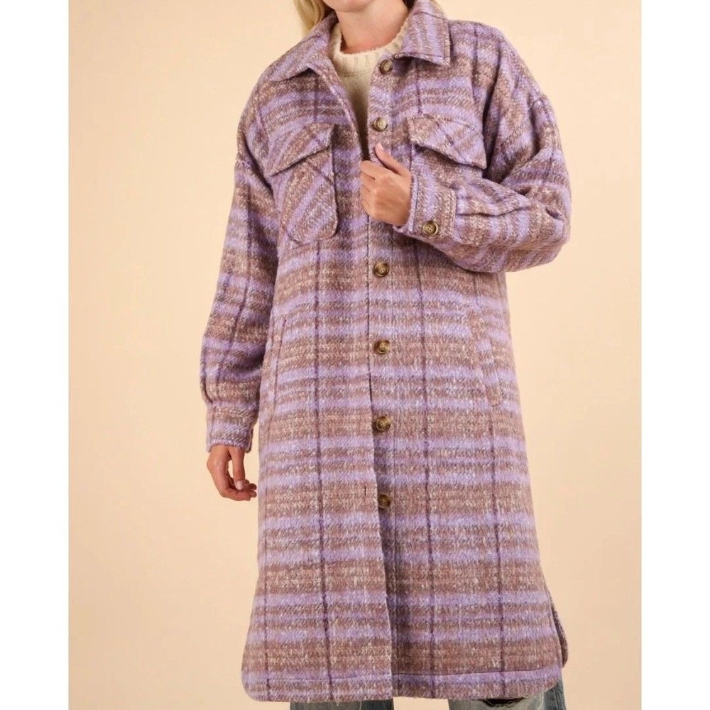 New In Boho Plaid Button Front Longline Coat Pastel Plaid Medium Oversized Cozy